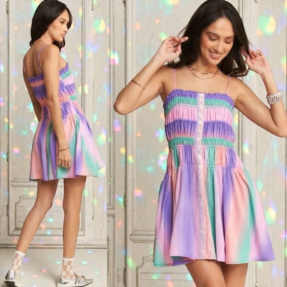 Smocked Button-Front Mini Sundress | Pockets |Pastel Rainbow | Davi & Dani - Picture 5 of 16